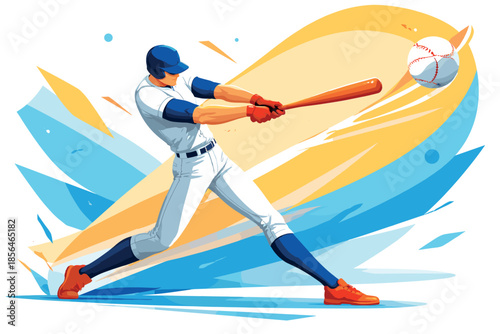 Corporate modern illustration of baseball player swinging bat at incoming ball.