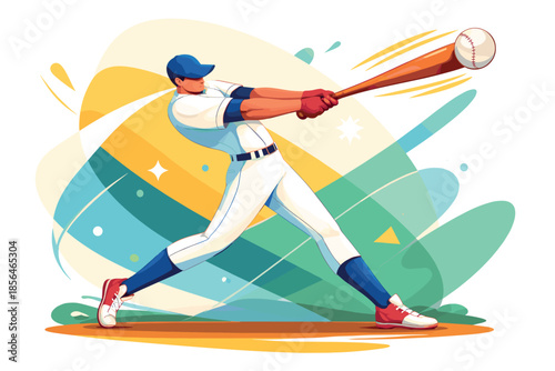 Corporate modern illustration of baseball player swinging bat at incoming ball.