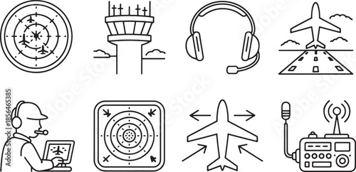 Collection of aviation control and communication icons in black outline style air traffic control radar