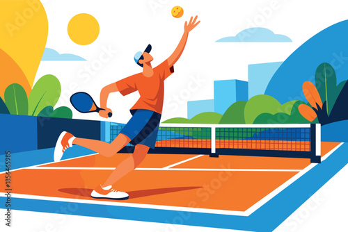 Corporate modern illustration of pickleball player serving ball on compact court.