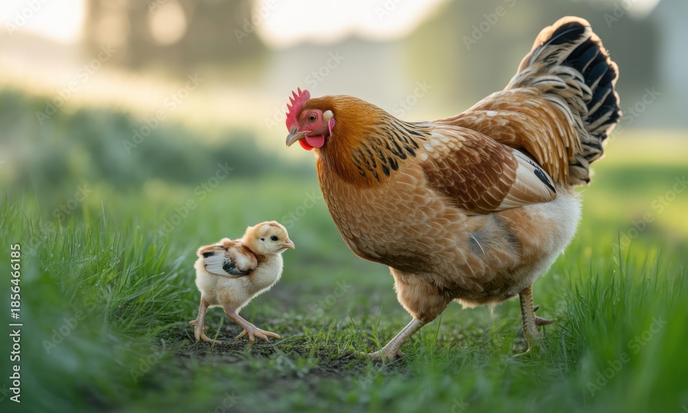 Fototapeta premium Hen and chick in a grassy field at dawn (1)