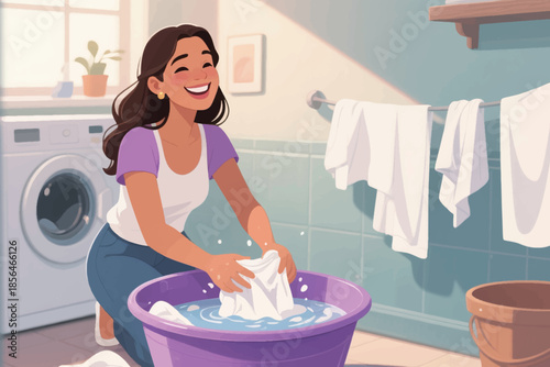Smiling woman hand washing clothes in a bright laundry room with a purple basin. A cheerful moment of domestic care.