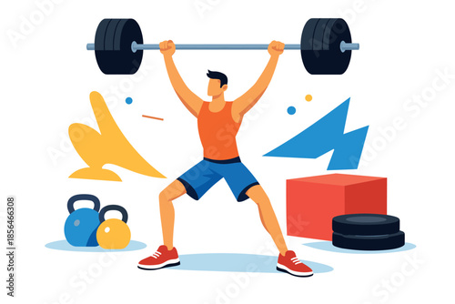 Corporate modern illustration of crossfit athlete lifting barbell overhead strength workout.