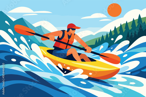 Corporate modern illustration of kayaker paddling through river with dynamic water motion.