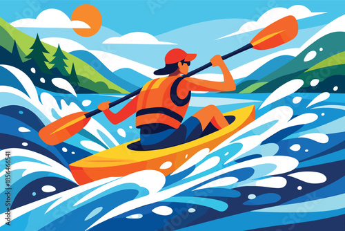 Corporate modern illustration of kayaker paddling through river with dynamic water motion.