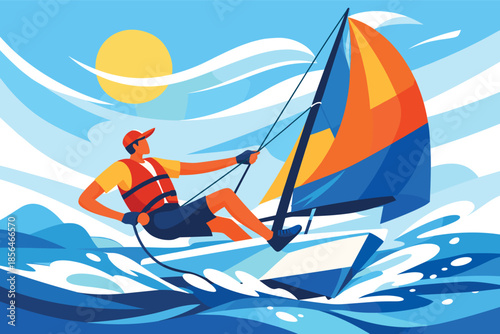 Corporate modern illustration of sailor controlling sailboat with wind and sail shapes.