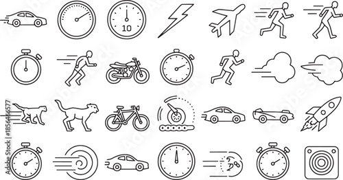 Collection of black outline icons depicting speed movement and time vector