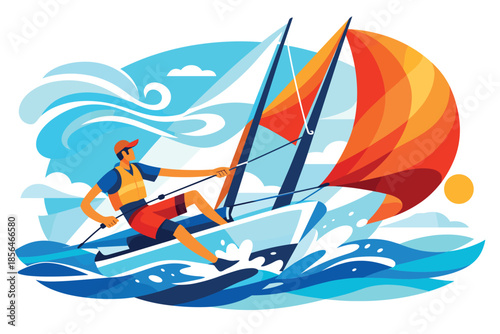 Corporate modern illustration of sailor controlling sailboat with wind and sail shapes.