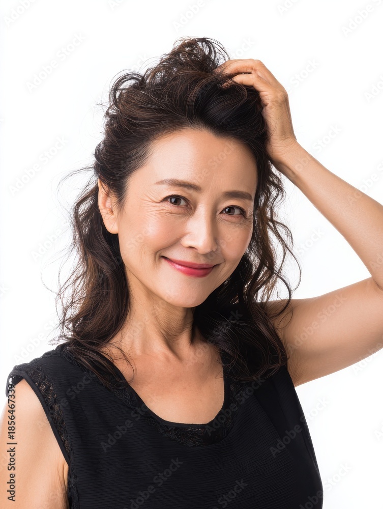 Obraz premium portrait of gorgeous happy middle aged mature asian woman senior older 50s lady pampering her hair looking at camera isolated on white ads of anti age skin and hair care spa copy space no logos no br