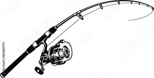 Fishing rod illustration, spinning reel sport equipment, angling gear silhouette, freshwater fishing tackle, outdoor hobby design, isolated white background