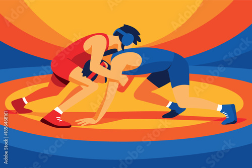 Corporate modern illustration of two wrestlers competing on mat in grapple pose.