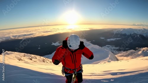 Climber adjusting gear on snow-covered peak at sunrise