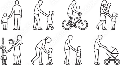Eight line art icons of parents and children in various activities parent child icon family icon