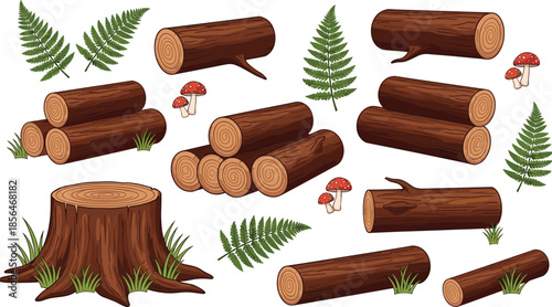 Forest wood log illustration set, tree stump timber elements, cartoon woodland assets, mushrooms ferns nature collection, isolated white background