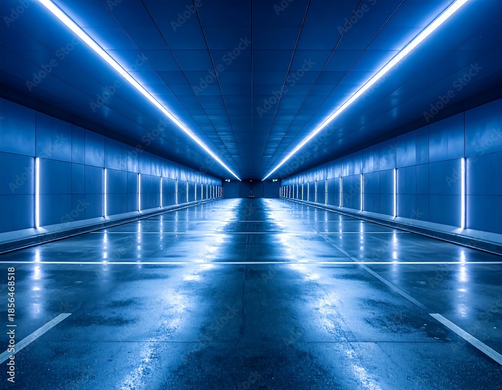 Fototapeta premium Symmetrical tunnel, illuminated blue, with reflective floor
