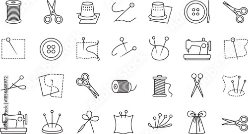 Sewing and tailoring icons arranged in a grid on a white background needle thread