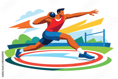 Corporate modern illustration of athlete swinging hammer throw with circular motion.