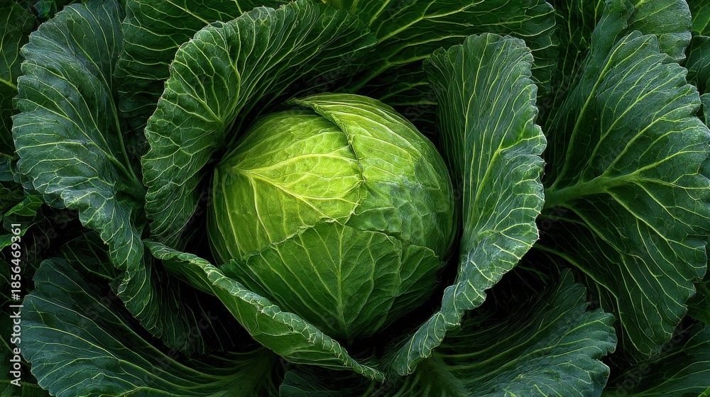 Fototapeta premium a vibrant green cabbage rests at the center of rich green leaves showcasing its freshness and healthy growth in a thriving garden setting