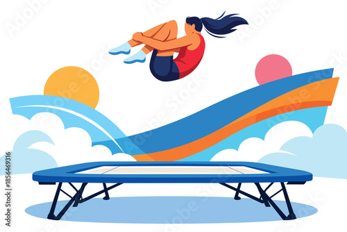 Corporate modern illustration of trampoline gymnast performing high aerial jump.