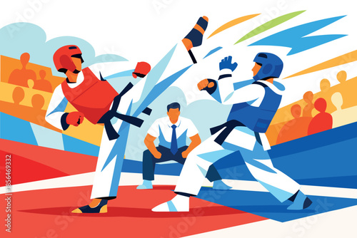 Corporate modern illustration of taekwondo athlete performing high kick in match.