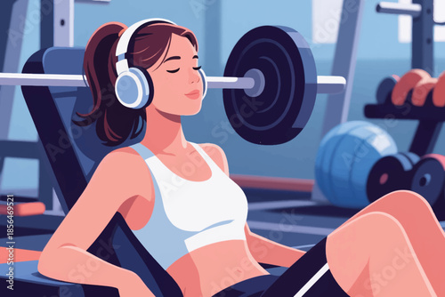 Woman using a leg press machine in a modern gym, wearing headphones and workout gear. A focused moment of fitness and strength.