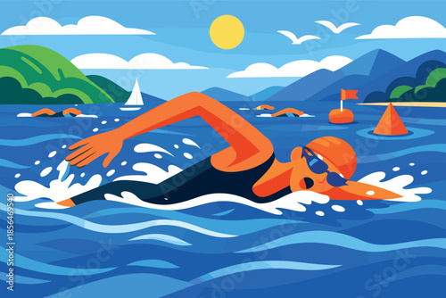 Corporate modern illustration of open water swimmer racing in natural lake.