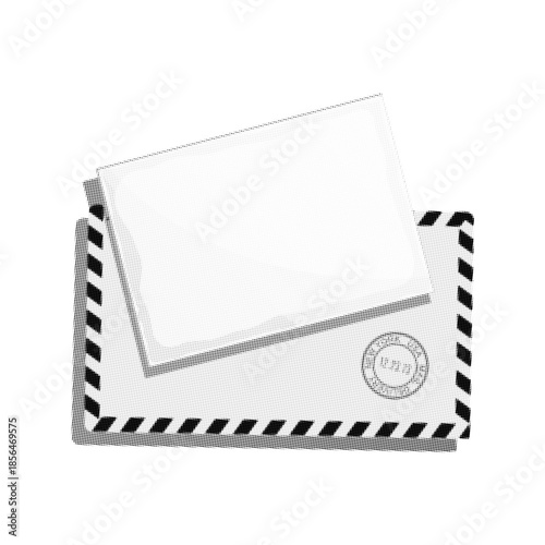Black and white halftone airmail envelope with blank letter card. Vintage dotted texture symbolizing postal mail, message, correspondence and communication. Minimal retro style.