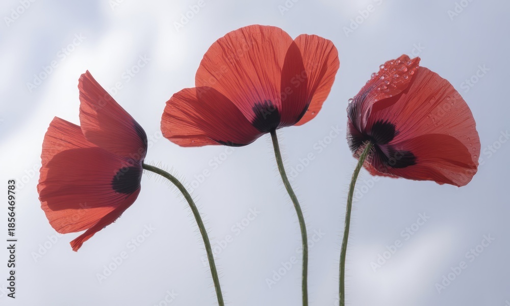 Naklejka premium Three vibrant red poppies against a soft sky