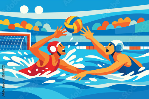 Corporate modern illustration of water polo players competing for ball in pool.