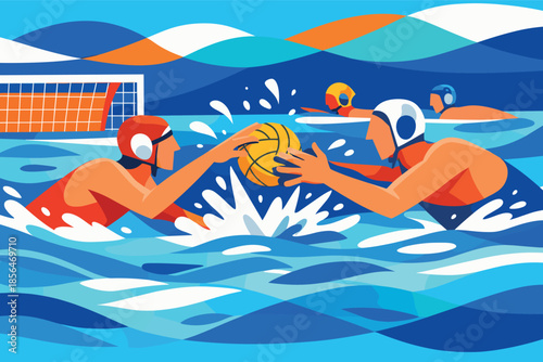 Corporate modern illustration of water polo players competing for ball in pool.