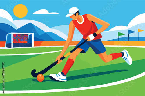 Corporate modern illustration of field hockey player dribbling ball with stick.