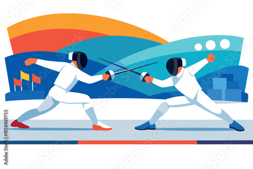 Corporate modern illustration of fencing duel between two athletes on piste.