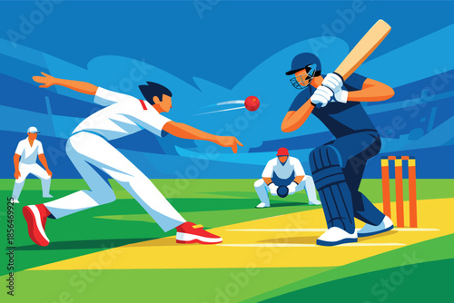 Corporate modern illustration of cricket bowler delivering fast ball toward batsman.