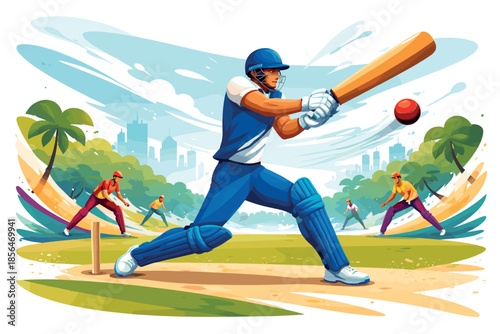 Corporate modern illustration of cricket batsman hitting ball on pitch.