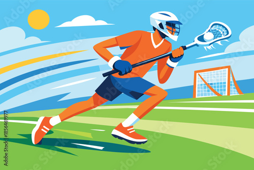 Corporate modern illustration of lacrosse player running fast with stick and ball.