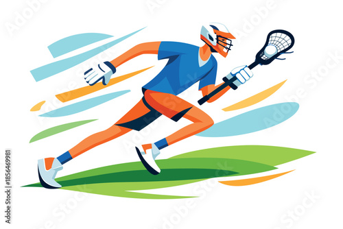 Corporate modern illustration of lacrosse player running fast with stick and ball.
