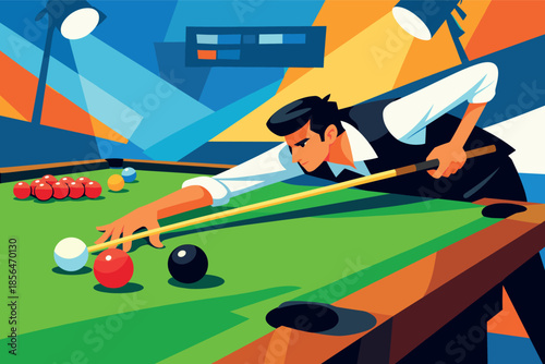 Corporate modern illustration of snooker player aiming precise shot on table.