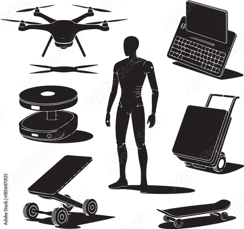 Modern technology and gadgets collection with humanoid figure isolated