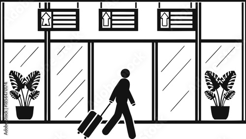 Flat vector illustration of business traveler walking with luggage through airport terminal