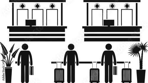 Flat vector illustration of hotel reception lobby with people and luggage
