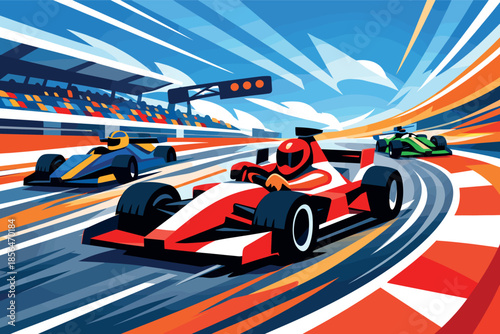 Corporate modern illustration of car racing driver speeding on professional race track.