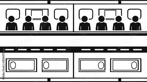 Flat vector illustration of people sitting inside an airplane cabin with seats and windows