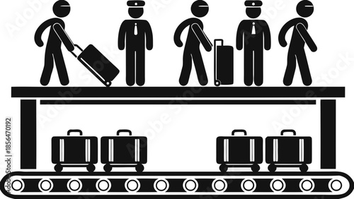 Flat vector illustration of people loading luggage onto conveyor belt at airport