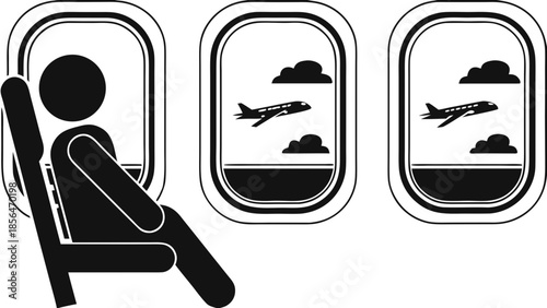 Flat vector illustration of traveler looking out airplane window at flying planes and clouds