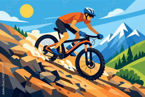 Corporate modern illustration of mountain biker riding downhill trail with speed.