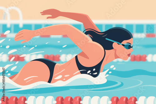 Woman swimming butterfly stroke in a professional pool with lane dividers. A dynamic moment of athleticism and focus.