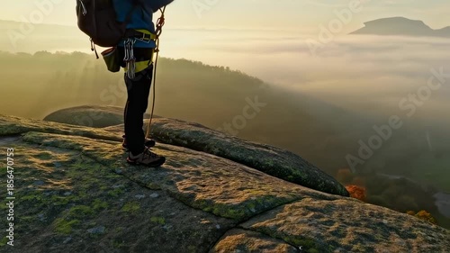 A climber stands on a mossy peak, gazing at a foggy landscape at dawn