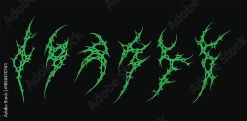 Neo Tribal Sigilism Symmetrical Cyber Gothic: Vector Abstract Sharp Green Lines with Acid Venom Aesthetics, Y2K Dark Metal Techwear Elements for Streetwear and Graphic Design Branding.