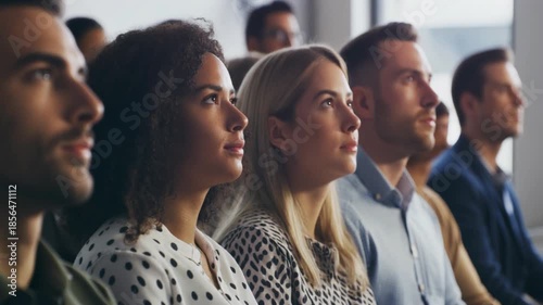 A diverse group of attentive people sitting in an audience, looking forward and engaged during a presentation or event.