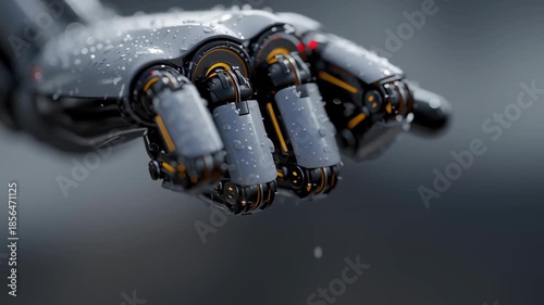 A robotic hand is featured, showcasing intricate details as water droplets form and slide off its surface. This high-tech scene highlights the blend of technology and nature under bright light